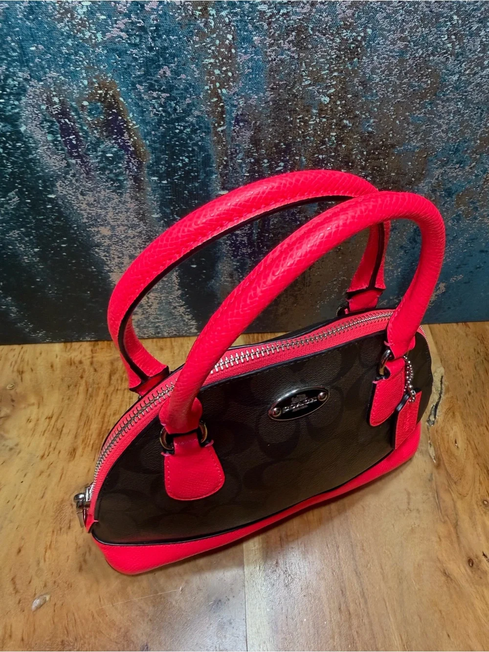 Coach Barbiecore 2014 Mini Cora Domed Satchel Brown Canvas Neon Pink